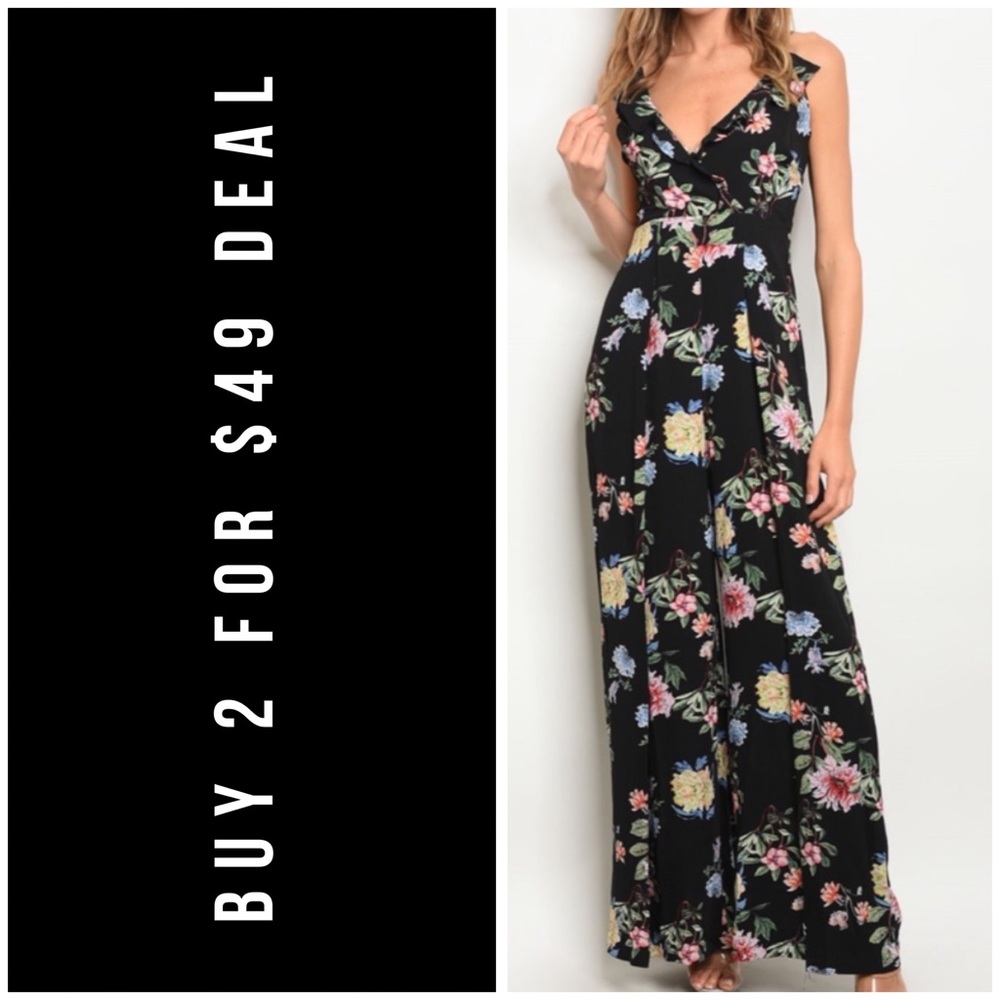 ☀️BLACK FLORAL JUMPSUIT - Picture 1 of 9